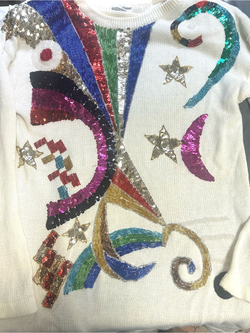 Vtg 80s Cream Embellished Sequin Shiny Glam Sweater Women's Size Large Stars